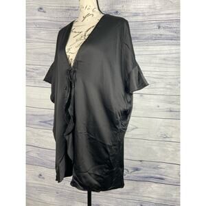 Victorias Secret Love Black Satin Robe Women One Size OS Kimono Tie Front Ruffle
